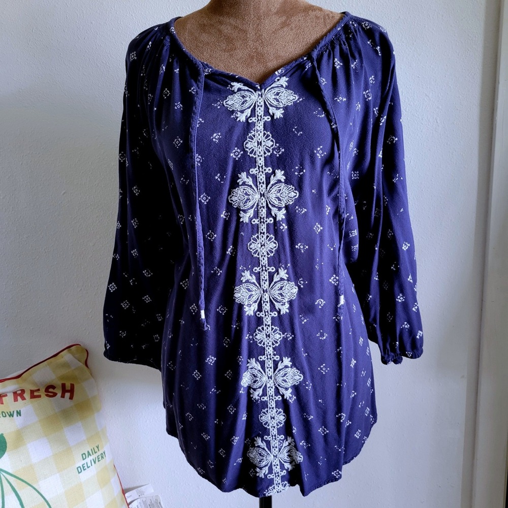 Sonoma Blue Embroidered Peasant‎ Blouse Womens Large Boho Rayon Tie Neck Top